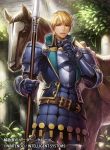  1boy armor blonde_hair brown_eyes cleive company_name fire_emblem fire_emblem_cipher fire_emblem_echoes:_mou_hitori_no_eiyuuou gloves horse leaf male_focus mole mole_under_mouth official_art open_mouth polearm solo spear upper_body uroko_(mnr) weapon 