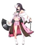  1girl bare_shoulders black_hair boots breasts detached_sleeves fan fox_mask full_body holding holding_fan holding_weapon japanese_clothes kichihachi kubota_(oshiro_project) large_breasts long_hair looking_at_viewer mask midriff navel nontraditional_miko oshiro_project oshiro_project_re pink_skirt pleated_skirt short_sword skirt solo sword thigh-highs thigh_boots torn_boots torn_clothes transparent_background violet_eyes weapon 