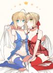  2girls ahoge armlet babydoll bare_shoulders bed_sheet black_ribbon blonde_hair blue_eyes blue_legwear blue_panties bow bow_panties breasts buun_ko cleavage closed_mouth collarbone fate/extra fate/stay_night fate_(series) frilled_panties frills full_body green_eyes hair_intakes head_tilt holding looking_at_viewer medium_breasts multiple_girls navel one_eye_closed panties pulled_by_self red_legwear ribbon saber saber_extra short_hair simple_background sitting small_breasts stomach strap_pull thigh-highs underwear wariza white_background white_bow 