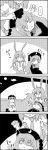  ... 2girls 4koma animal_ears chinese_clothes comic commentary_request crossed_arms futatsuiwa_mamizou greyscale hat highres junko_(touhou) kneeling lap_pillow long_hair monochrome moon multiple_girls necktie night night_sky pom_pom_(clothes) rabbit_ears raccoon_tail reisen_udongein_inaba shirt short_sleeves skirt sky smile standing_on_person sweat tail tani_takeshi touhou translation_request trembling wall yukkuri_shiteitte_ne 