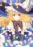  1girl black_gloves blonde_hair blush cover cover_page elbow_gloves embellished_costume gloves grin hair_ribbon hat highres kirisame_marisa layered_clothing long_hair looking_at_viewer nonoko_(capsule-nnk) puffy_short_sleeves puffy_sleeves ribbon short_sleeves skirt smile solo star touhou tress_ribbon underbust vest wavy_hair white_gloves witch_hat yellow_eyes 