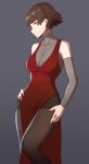  1girl alternate_costume bare_shoulders breasts brown_hair cleavage collarbone detached_sleeves dress evening_gown grey_background hairband hand_on_hip niijima_makoto pantyhose persona persona_5 red_dress short_hair solo vic 