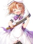  1girl bangs black_legwear blush bow breasts brown_hair closed_eyes commentary_request dress eyebrows_visible_through_hair hat hatchet higurashi_no_naku_koro_ni holding holding_weapon matokechi medium_breasts open_mouth puffy_short_sleeves puffy_sleeves purple_bow ryuuguu_rena short_hair short_sleeves simple_background solo standing thigh-highs weapon white_background white_dress wind 