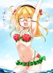  1girl bikini blonde_hair closed_eyes cowboy_shot food_print food_themed_hair_ornament frilled_bikini frills glasses hair_ornament hat i-8_(kantai_collection) kantai_collection low_twintails peaked_cap red-framed_eyewear red_bikini semi-rimless_glasses solo strawberry_hair_ornament suka swimsuit thigh-highs twintails under-rim_glasses water watermelon_print white_hat white_legwear 