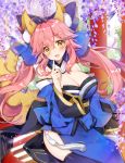  1girl animal_ears bare_shoulders black_legwear blue_bow blush bow breasts cleavage eyebrows_visible_through_hair fate/extella fate/extra fate_(series) hair_bow index_finger_raised large_breasts long_hair looking_at_viewer open_mouth pingo pink_hair smile solo tamamo_(fate)_(all) tamamo_no_mae_(fate) thigh-highs twintails yellow_eyes 