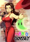  1girl brick_wall brown_hair dress earrings hat jewelry long_hair looking_at_viewer super_mario_bros. microphone nail_polish pauline power_moon red_dress smile solo super_mario_odyssey 