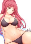  1girl bangs bare_arms bare_shoulders bikini black_bikini blush breasts brown_eyes cleavage closed_mouth collarbone commentary_request eyebrows_visible_through_hair from_below groin head_tilt jam_(jam0601) kousaka_tamaki large_breasts long_hair looking_at_viewer lowleg lowleg_bikini navel redhead shadow shiny shiny_hair shiny_skin side-tie_bikini simple_background smile solo stomach swimsuit thick_thighs thighs to_heart_2 twintails white_background 