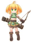  1girl ahoge arrow belt blonde_hair boots bow_(weapon) elf full_body gloves green_eyes kso looking_at_viewer midriff navel original pointy_ears quiver short_hair shorts simple_background sleeveless smile solo twintails weapon white_background 