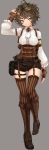  1girl absurdres belt blue_eyes boots brown_boots brown_gloves brown_hair brown_legwear corset cross-laced_footwear fingerless_gloves full_body garter_straps gloves grey_background haiiro_gundan highres lace-up_boots long_sleeves original short_hair simple_background smile solo steampunk striped striped_legwear thigh-highs 