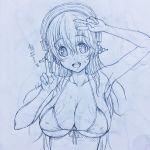  1girl bikini_top blush breasts cleavage double_v headphones highres large_breasts long_hair looking_at_viewer monochrome nitroplus open_mouth simple_background sketch smile solo super_sonico tsuji_santa upper_body v white_background 