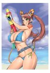  1girl beach belt bikini bottle breasts brown_hair cleavage erect_nipples gloves green_eyes highres huge_breasts kotoyoshi_yumisuke long_hair looking_at_viewer navel safety_glasses skindentation solo standing string_bikini super_soaker swimsuit tattoo tongue tongue_out twintails water_bottle 