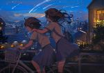  2girls bag bicycle blue_skirt brown_eyes brown_hair duffel_bag from_side ground_vehicle highres looking_away medium_hair multiple_girls neckerchief night night_sky original pine_(yellowpine112) red_neckerchief riding_bike shooting_star short_hair skirt sky star_(sky) starry_sky 