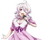 1girl ;d ahoge bracelet breasts cleavage collarbone dress holding holding_microphone jewelry large_breasts long_hair microphone mole mole_on_breast neck_ribbon necklace one_eye_closed open_mouth pink_dress purple_ribbon red_eyes ribbon silver_hair smile solo standing strea sword_art_online transparent_background upper_body 