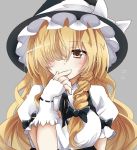  1girl bangs blonde_hair blush bow braid breasts brown_eyes cleavage_cutout collared_shirt commentary covering_mouth finger_to_mouth fingerless_gloves flying_sweatdrops gloves hair_bow hair_over_one_eye hat kirisame_marisa long_hair looking_at_viewer medium_breasts puffy_short_sleeves puffy_sleeves shirt short_sleeves shy side_braid single_braid solo touhou underbust upper_body very_long_hair wavy_hair white_gloves witch_hat yuki_(snowmaiden) 