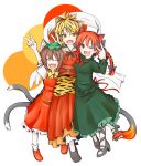  3girls :d ;d ^_^ animal_ears black_hair blonde_hair brown_hair cat_ears cat_tail chen closed_eyes dress fang frilled_dress frilled_skirt frills hat jewelry kaenbyou_rin kemonomimi_mode kuroneko_(kuroi-neko) multicolored_hair multiple_girls multiple_tails one_eye_closed open_mouth red_eyes redhead shirt short_hair short_sleeves single_earring skirt smile tail tiger_stripes toramaru_shou touhou trait_connection two-tone_hair two_tails v vest 