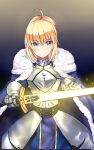  1girl ahoge aqua_eyes armor bangs blonde_hair blush braid breastplate cloak closed_mouth eyebrows_visible_through_hair fate/stay_night fate_(series) faulds french_braid fur_trim highres holding holding_sword holding_weapon i.f.s.f looking_at_viewer saber sidelocks solo sword upper_body weapon 