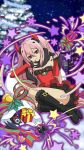  1girl black_boots boots christmas_tree detached_sleeves dress fake_horns full_body hair_between_eyes high_heel_boots high_heels knee_boots krul_tepes layered_dress long_hair looking_at_viewer night outdoors owari_no_seraph pink_hair pointy_ears red_dress red_eyes santa_boots short_dress sky solo star_(sky) starry_sky very_long_hair 