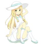  1girl bangs bare_shoulders blonde_hair blue_ribbon blue_shoes blunt_bangs blush braid breasts closed_mouth collared_dress convenient_leg dress eyebrows_visible_through_hair green_eyes hair_tie hand_on_headwear hand_rest hat hat_ribbon highres knee_up kneehighs lillie_(pokemon) long_hair pokemon pokemon_(game) pokemon_sm ribbon see-through shadow shoes simple_background sitting sleeveless sleeveless_dress small_breasts smile solo sun_hat sundress suzukaze_inori twin_braids white_background white_dress white_hat white_legwear 