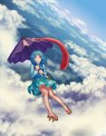  1girl absurdres barefoot_sandals blue_hair blue_skirt blush clouds cloudy_sky day full_body highres holding holding_umbrella looking_at_viewer one_eye_closed outdoors parasol red_eyes short_hair skirt sky smile solo tatara_kogasa teiraa tongue tongue_out touhou umbrella 