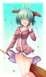  1girl :d ^_^ animal_ears bamboo_broom breasts broom closed_eyes collarbone commentary_request green_hair happy highres kasodani_kyouko leaf medium_breasts open_mouth osashin_(osada) short_hair skirt smile solo thigh_gap thighs touhou white_skirt wind wind_lift |d 