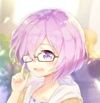  1girl adjusting_glasses babouo blush collarbone eyebrows_visible_through_hair fate/grand_order fate_(series) glasses hair_over_one_eye open_mouth purple_hair shielder_(fate/grand_order) short_hair signature solo teeth upper_body violet_eyes 