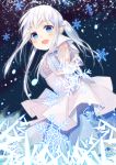  1girl ahoge aotetsu blue_eyes blush eyebrows_visible_through_hair fingerless_gloves gloves hair_ornament long_hair looking_at_viewer open_mouth original signature silver_hair smile snow snowflakes snowing solo twintails white_gloves x_hair_ornament 