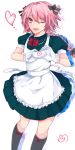 1boy absurdres apron artist_request black_legwear braid fang fate/apocrypha fate_(series) gloves hair_ribbon heart heart_hands highres long_hair looking_at_viewer maid maid_apron male_focus nuko_816 open_mouth pink_hair ribbon rider_of_black single_braid smile solo trap violet_eyes 