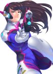 1girl aiming_at_viewer bangs blue_bodysuit bodysuit breasts brown_eyes brown_hair clothes_writing d.va_(overwatch) facepaint facial_mark foreshortening gloves gun handgun headphones high_collar holding holding_gun holding_weapon ken19941028 light_smile long_hair looking_at_viewer medium_breasts overwatch pilot_suit pink_lips pistol ribbed_bodysuit shoulder_pads simple_background skin_tight solo swept_bangs weapon whisker_markings white_background white_gloves 