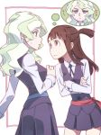  2girls blank_stare blonde_hair blue_eyes blush brown_hair crossed_arms diana_cavendish frown highres kagari_atsuko little_witch_academia long_hair multicolored_hair multiple_girls raised_eyebrow red_eyes short_ponytail skirt sweatdrop tama thought_bubble two-tone_hair witch 