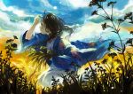  1girl arm_up black_hair blue_eyes butterfly com_kom day facing_away flower from_side holding holding_flower long_hair looking_away original outdoors solo 