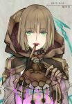  1girl brown_hair cage cloak dated eating eyebrows finger_to_mouth gloves green_eyes gretel_(sinoalice) hansel_(sinoalice) highres holding hood hooded_cloak jingzhongyin lamp lantern long_sleeves looking_at_viewer open_mouth pale_skin patterned_clothing short_hair simple_background sinoalice text 