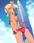  1girl :d ass bikini blonde_hair blue_sky braid breasts clouds cloudy_sky day dutch_angle fang fate/apocrypha fate/grand_order fate_(series) french_braid from_behind front-tie_bikini front-tie_top green_eyes half_updo kurokuro looking_back mordred_(swimsuit_rider)_(fate) open_mouth outdoors red_bikini saber_of_red short_ponytail side-tie_bikini sky small_breasts smile solo surfboard swimsuit tan 