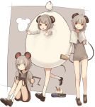  3girls animal_ears bare_legs black_shorts brown_shoes capelet cookie_(touhou) dowsing_rod dress egg_costume grey_dress grey_eyes grey_hair jewelry long_sleeves miyako_(naotsugu) mouse_ears mouse_tail multiple_girls nazrin nyon_(cookie) pencil pendant red_eyes running shoes short_dress short_hair shorts sitting socks tail touhou white_legwear 