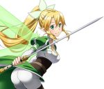  1girl ass blonde_hair braid breasts choker cleavage collarbone green_eyes green_wings hair_between_eyes hair_ornament high_ponytail holding holding_sword holding_weapon leafa leaning_forward long_hair looking_at_viewer medium_breasts pants smile solo standing sword sword_art_online transparent_background twin_braids very_long_hair weapon white_pants wings 