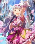  3girls artist_request balloon cherry_blossoms gloves hairband idolmaster idolmaster_million_live! long_hair microphone multiple_girls official_art open_mouth pink_eyes pink_hairband pointing shijou_takane silver_hair smile white_gloves 
