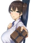  1girl blush box breasts brown_eyes brown_hair foreshortening from_side gift gift_box giving hair_between_eyes incoming_gift kaga_(kantai_collection) kantai_collection large_breasts looking_at_viewer looking_to_the_side mu-nyako parted_lips short_hair side_ponytail solo upper_body valentine 