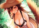  1girl animal_ears bare_shoulders blush breasts brooch brown_hair cleavage collarbone dress hat imaizumi_kagerou jewelry large_breasts long_hair looking_at_viewer mokokiyo_(asaddr) no_bra open_mouth red_eyes slit_pupils smile solo straw_hat sundress tail tan tanline touhou wolf_ears wolf_tail 