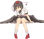  1girl black_hair black_ribbon black_skirt black_wings blush bobby_socks breasts closed_mouth dress_shirt frilled_skirt frills full_body geta hasebe_yuusaku hat looking_at_viewer medium_breasts neck_ribbon pointy_ears puffy_short_sleeves puffy_sleeves red_eyes ribbon shameimaru_aya shirt short_hair short_sleeves sitting skirt smile socks solo tengu-geta tokin_hat touhou tsurime white_legwear white_shirt wings 