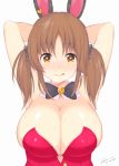  1girl :q animal_ears armpits arms_behind_head arms_up bangs bare_shoulders black_bow blush bow bowtie breasts brown_eyes brown_hair cleavage dated detached_collar eyebrows_visible_through_hair hair_bow heart heart-shaped_pupils idolmaster idolmaster_cinderella_girls kuavera large_breasts leotard licking_lips looking_at_viewer rabbit_ears red_leotard signature simple_background smile solo sweat symbol-shaped_pupils tongue tongue_out totoki_airi twintails twitter_username upper_body white_background 