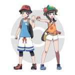  1boy 1girl :d asatsuki_(fgfff) backpack bag bare_legs bare_shoulders black_hair blue_boots blue_eyes boots braid bucket_hat female_protagonist_(pokemon_ultra_sm) flat_chest flower full_body hair_flaps hat highres holding legwear_under_shorts long_hair looking_at_viewer male_protagonist_(pokemon_ultra_sm) official_style open_eyes open_mouth poke_ball pokemon pokemon_(game) pokemon_ultra_sm pose shirt short_hair short_sleeves shorts simple_background sleeveless sleeveless_shirt smile standing sun_hat t-shirt tank_top twin_braids white_background white_shorts z-ring 