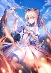  1girl 4b armor armored_dress blonde_hair caliburn excalibur fate/unlimited_codes fate_(series) fire gauntlets green_eyes long_hair ponytail saber saber_lily smile solo sword twitter_username weapon white_legwear 