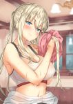  1girl bare_arms blonde_hair blue_eyes blush body_mahattaya_ginga breasts cleavage closed_mouth drying_hair graf_zeppelin_(kantai_collection) indoors kantai_collection large_breasts lips long_hair looking_at_viewer midriff navel shiny shiny_hair solo sports_bra upper_body wet window 