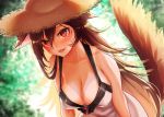  1girl animal_ears bare_shoulders blush breasts brooch brown_hair cleavage collarbone dress erect_nipples hat imaizumi_kagerou jewelry large_breasts leaning_forward long_hair looking_at_viewer mokokiyo_(asaddr) open_mouth red_eyes smile solo straw_hat sundress tail tan tanline touhou wolf_ears wolf_tail 