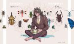  1boy barefoot blazer brown_hair butterfly dangan_ronpa dragonfly full_body glasses gokuhara_gonta green_necktie indian_style insect insect_cage jacket kurome1127 long_hair looking_at_viewer male_focus necktie new_dangan_ronpa_v3 round_glasses school_uniform sitting smile solo stag_beetle 
