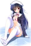  1girl amamiya_yuuko breasts cleavage closed_mouth ef feet full_body head_tilt highres long_hair looking_at_viewer medium_breasts no_shoes open_clothes red_eyes sitting smile soles solo thigh-highs toes very_long_hair yagami-all_hail_nanao 