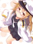  1girl absurdres blush brown_eyes brown_hair glasses hat highres kantai_collection long_hair looking_at_viewer mochizuki_(kantai_collection) neckerchief pink-framed_eyewear school_uniform semi-rimless_glasses serafuku skirt sleeves_past_wrists solo tsurime twinameless 