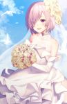  blue_sky blush bouquet bridal_gauntlets bridal_veil clouds cloudy_sky commentary_request cowboy_shot dress elbow_gloves fate/grand_order fate_(series) flower gloves hair_over_one_eye haru_(hiyori-kohal) holding holding_bouquet open_mouth outdoors purple_hair shielder_(fate/grand_order) short_hair sky smile veil violet_eyes wedding_dress white_dress white_gloves 