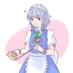  1girl anger_vein apron breasts cellphone failure flat_chest frown highres izayoi_sakuya maid object_on_breast phone simple_background small_breasts smartphone solo tape tawawa_challenge touhou watch watch yoruny you&#039;re_doing_it_wrong 