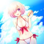 1girl bikini breasts can cleavage clouds dutch_angle fate/grand_order fate_(series) front-tie_top hair_over_one_eye open_mouth purple_hair shielder_(fate/grand_order) short_hair side-tie_bikini soda_can solo swimsuit thigh_gap uzu_hi violet_eyes white_bikini 
