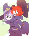  2girls belt bokujoukun closed_eyes croix_meridies glasses green_eyes hat hat_flying_off hug hug_from_behind little_witch_academia multiple_girls purple_hair red_eyes robe shiny_chariot short_hair sketch sneer witch witch_hat younger 